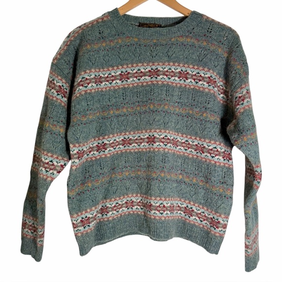 Eddie Bauer Sweaters - Vintage 80s Eddie Bauer 100% Wool Fair Isle Crewneck Sweater Sage Teal Medium